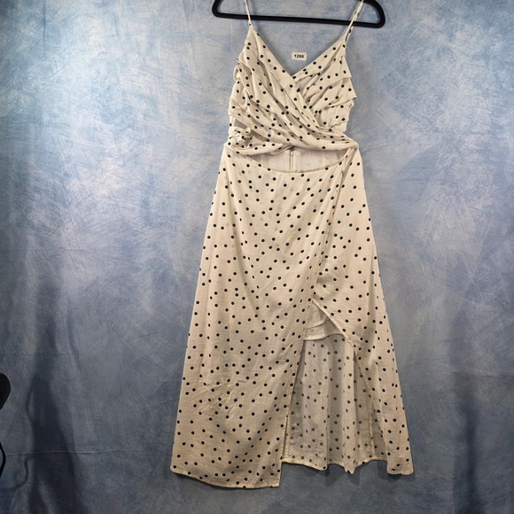 Lush Dresses & Skirts - Lush Polka Dot Cutout Midi Dress White Black Ruffle Surplice Womens Size Medium